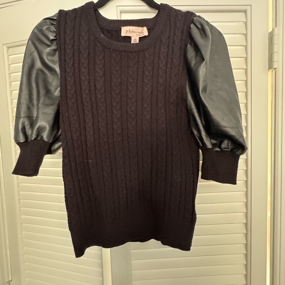 Philosophy Sweaters - Philosophy Women's Black Cable Knit Sweater with Faux Leather Puff Sleeves
